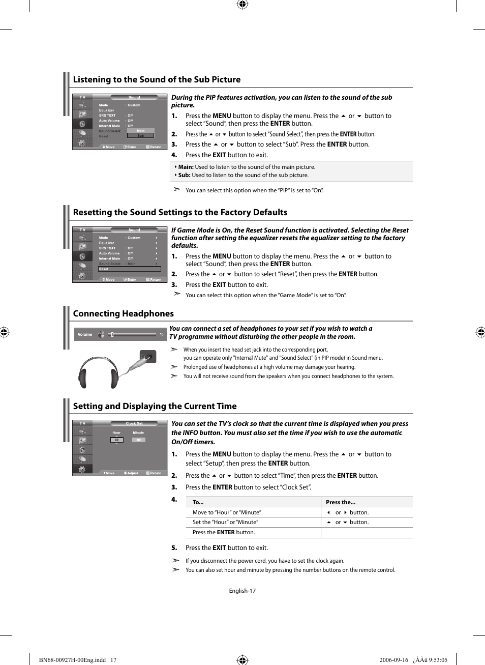 Listening to the sound of the sub picture, Connecting headphones, Setting the time | Setting and displaying the current time | Samsung LE32R32B User Manual | Page 19 / 211