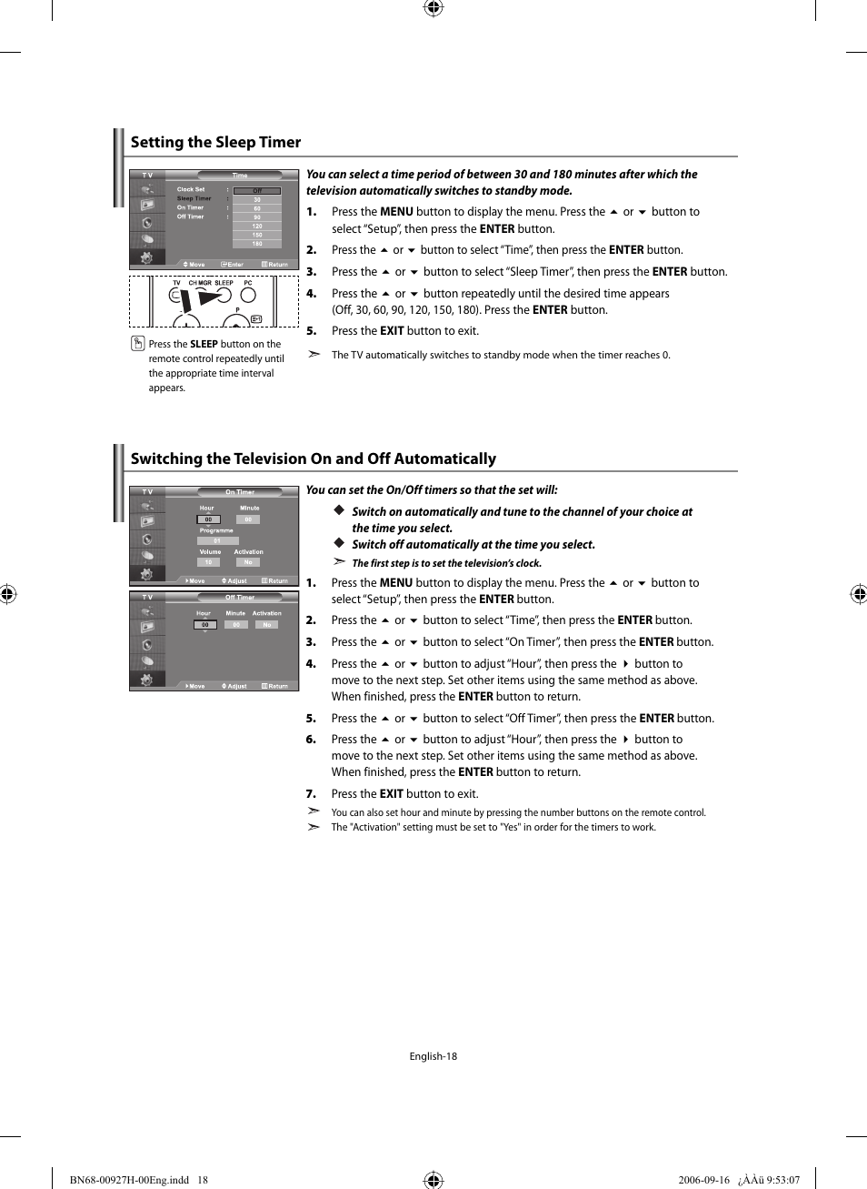 Setting the sleep timer, Switching the television on and off automatically | Samsung LE32R32B User Manual | Page 20 / 211