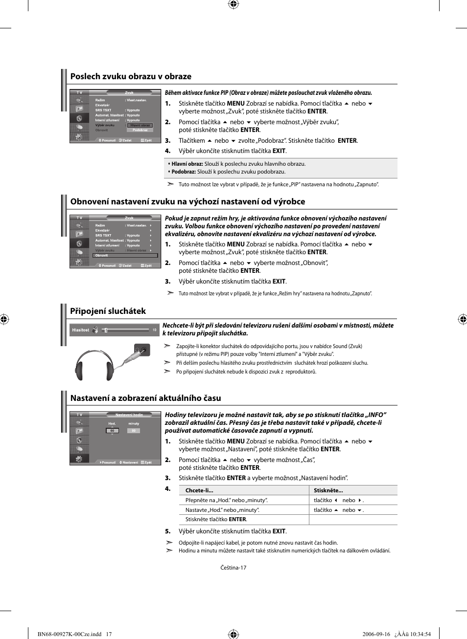 Poslech zvuku obrazu v obraze, Nastavení a zobrazení aktuálního času, Připojení sluchátek | Samsung LE32R32B User Manual | Page 201 / 211