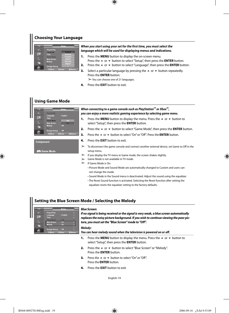 Setting the others, Choosing your language, Using game mode | Using game mode choosing your language | Samsung LE32R32B User Manual | Page 21 / 211