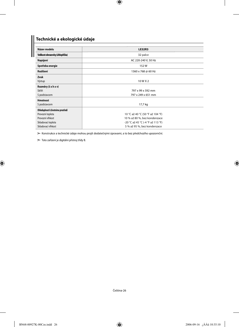 Technické a ekologické údaje | Samsung LE32R32B User Manual | Page 210 / 211