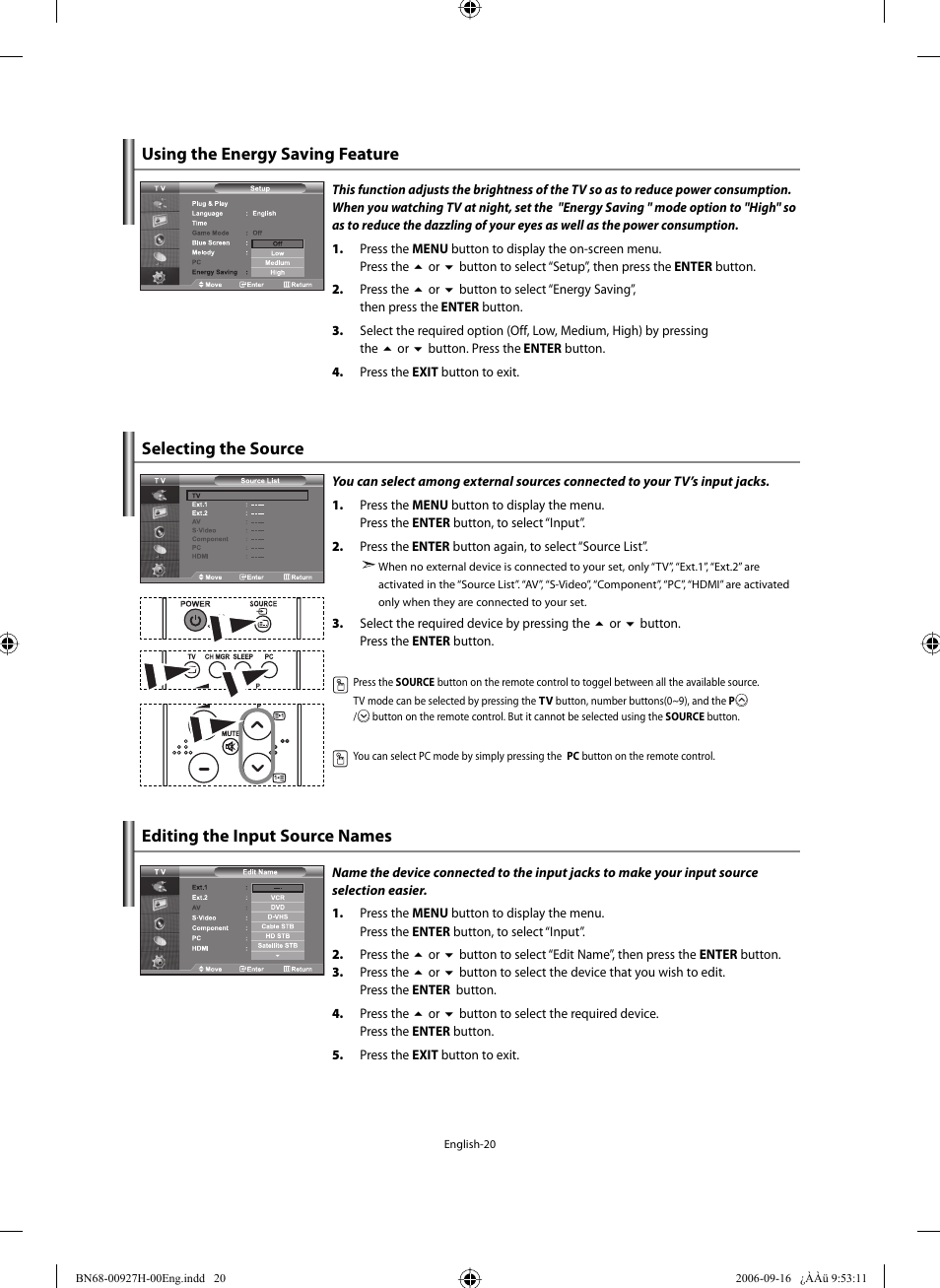 Using the energy saving feature, Selecting the source, Editing the input source names | Samsung LE32R32B User Manual | Page 22 / 211