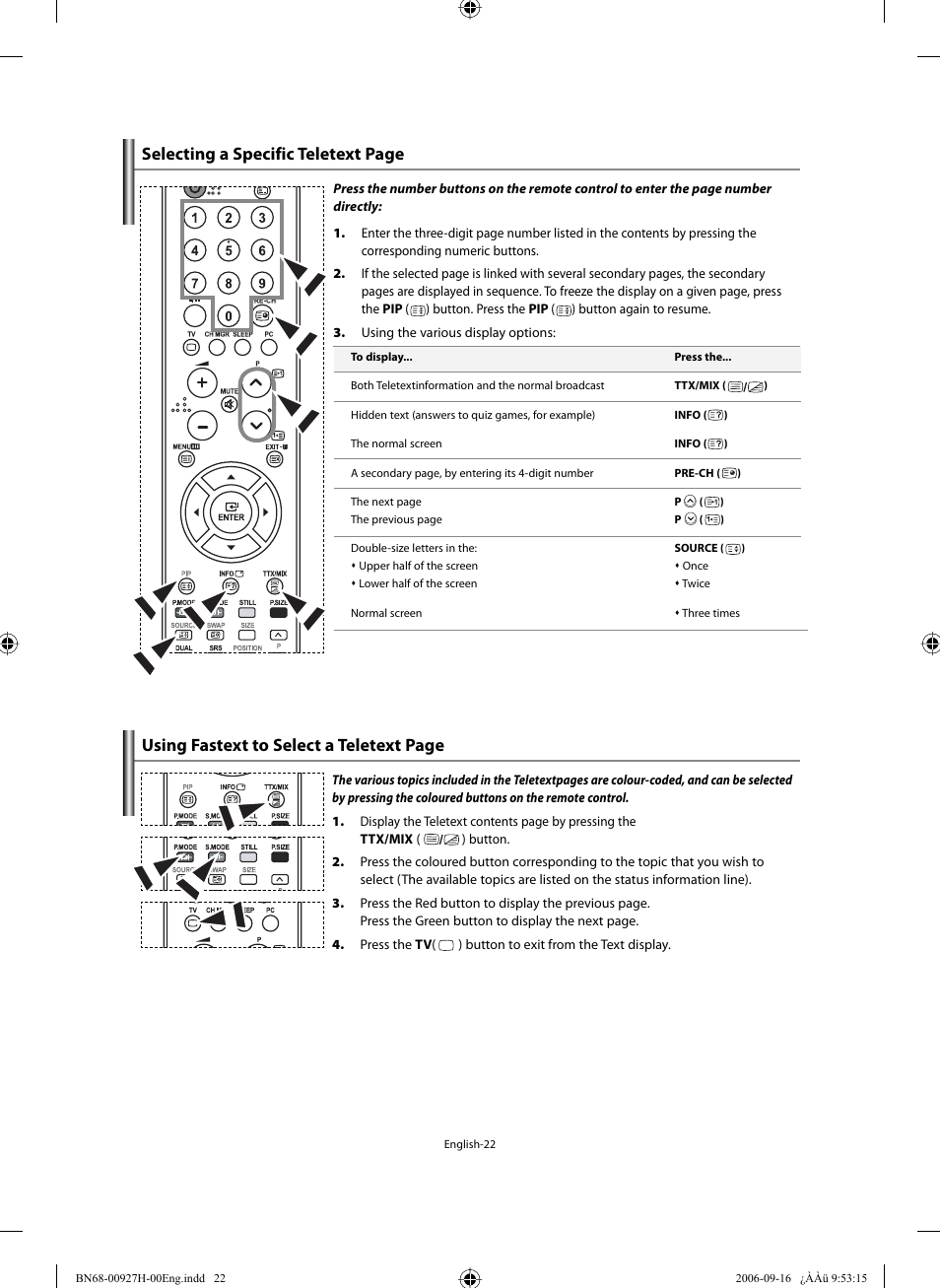 Selecting a specific teletext page, Using fastext to select a teletext page | Samsung LE32R32B User Manual | Page 24 / 211