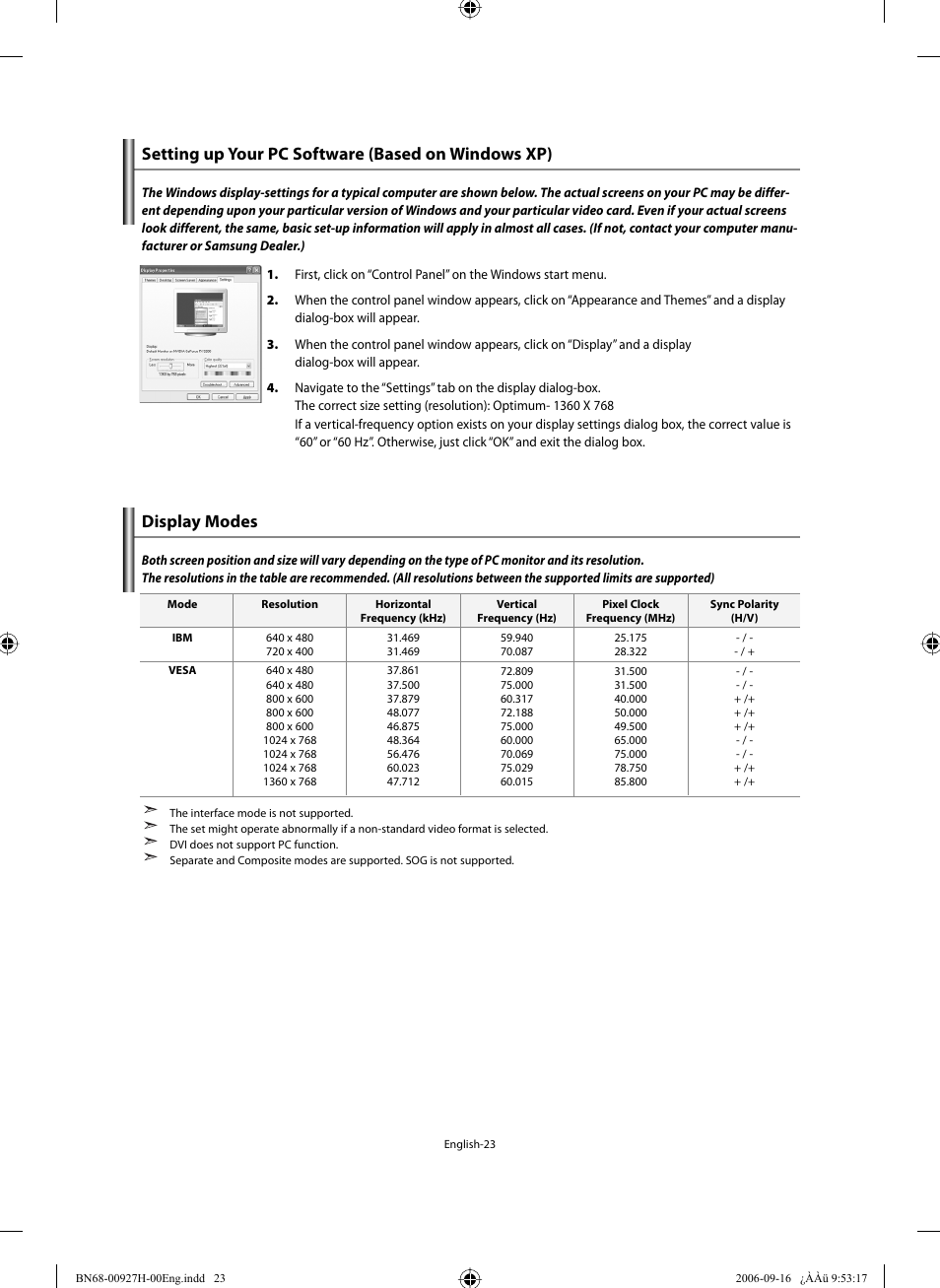 Setting the pc, Setting up your pc software (based on windows xp), Display modes | Samsung LE32R32B User Manual | Page 25 / 211