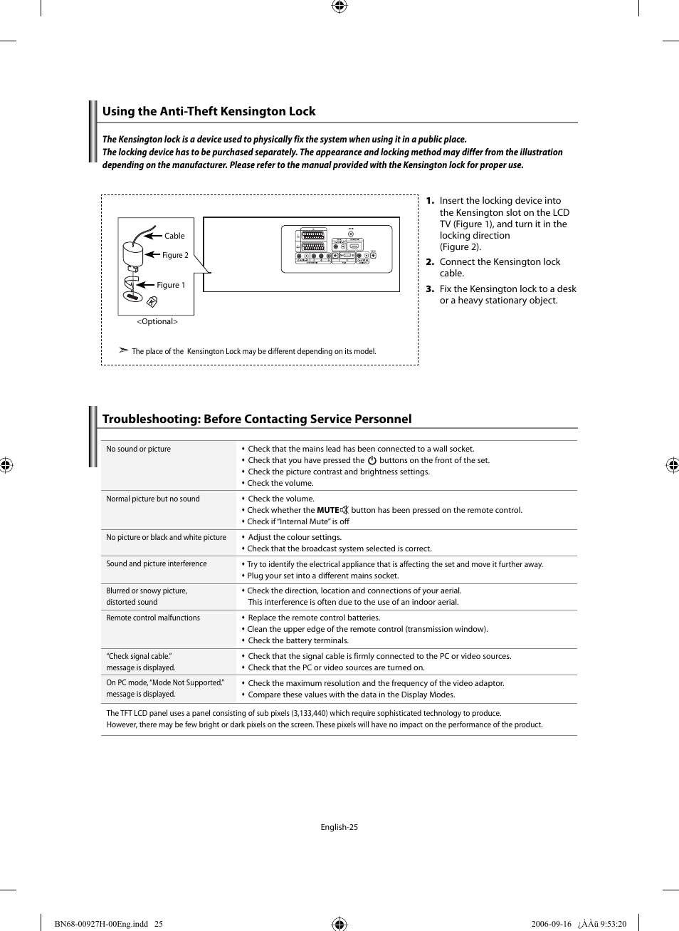 Recommendations for use, Using the anti-theft kensington lock | Samsung LE32R32B User Manual | Page 27 / 211