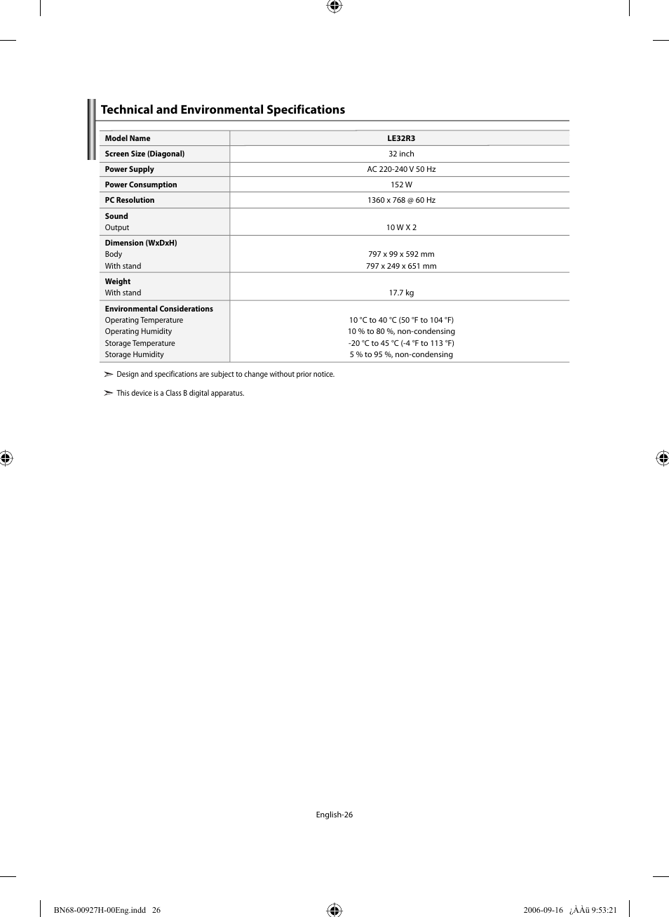 Technical and environmental specifications | Samsung LE32R32B User Manual | Page 28 / 211
