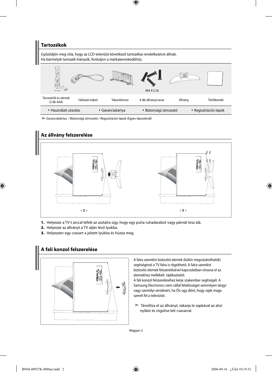 Tartozékok, Az állvány felszerelése, A fali konzol felszerelése | Samsung LE32R32B User Manual | Page 30 / 211
