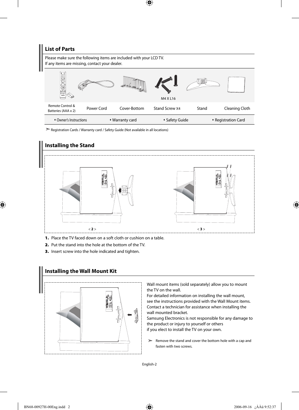 Connecting and preparing your tv, List of parts, Installing the stand | Installing the wall mount kit | Samsung LE32R32B User Manual | Page 4 / 211