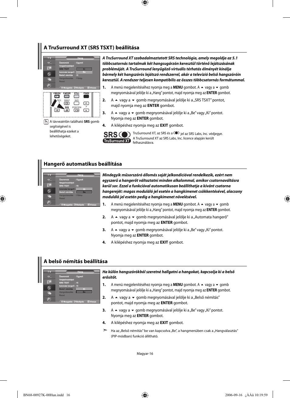 A belső némítás beállítása | Samsung LE32R32B User Manual | Page 44 / 211