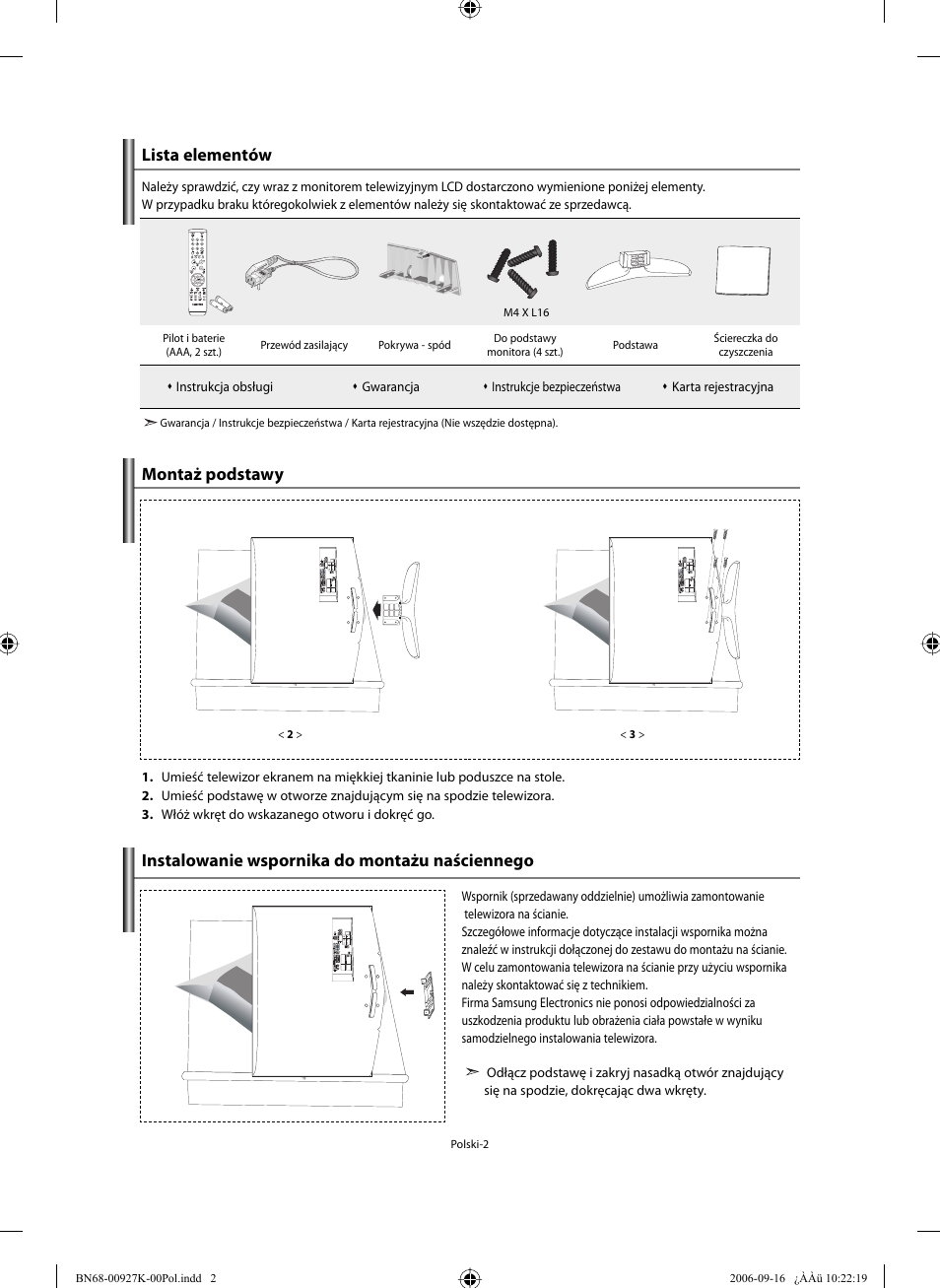 Lista elementów montaż podstawy, Instalowanie wspornika do montażu naściennego | Samsung LE32R32B User Manual | Page 56 / 211