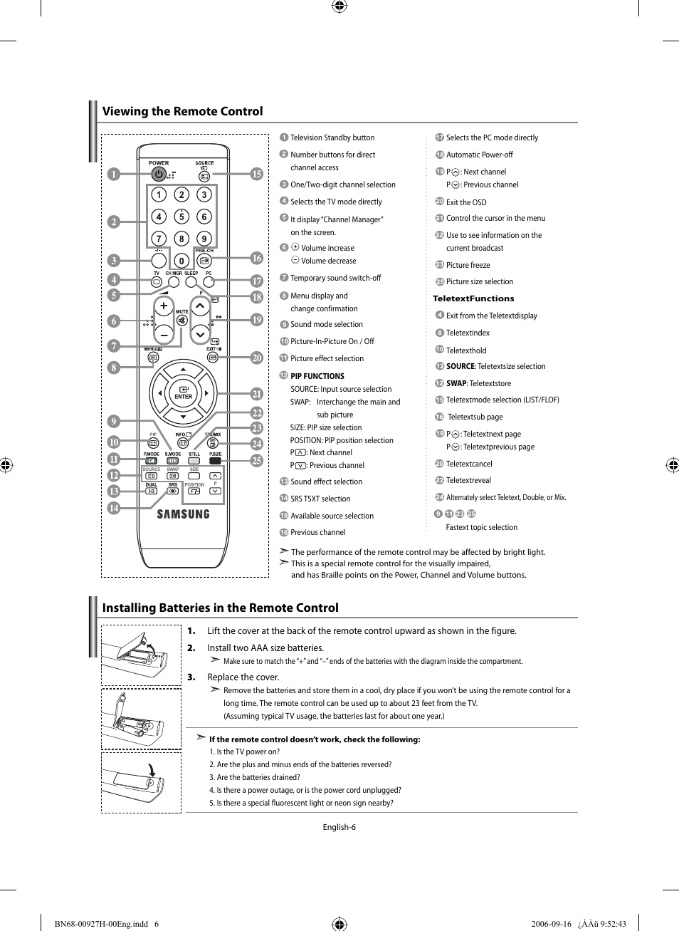 Viewing the remote control, Installing batteries in the remote control | Samsung LE32R32B User Manual | Page 8 / 211