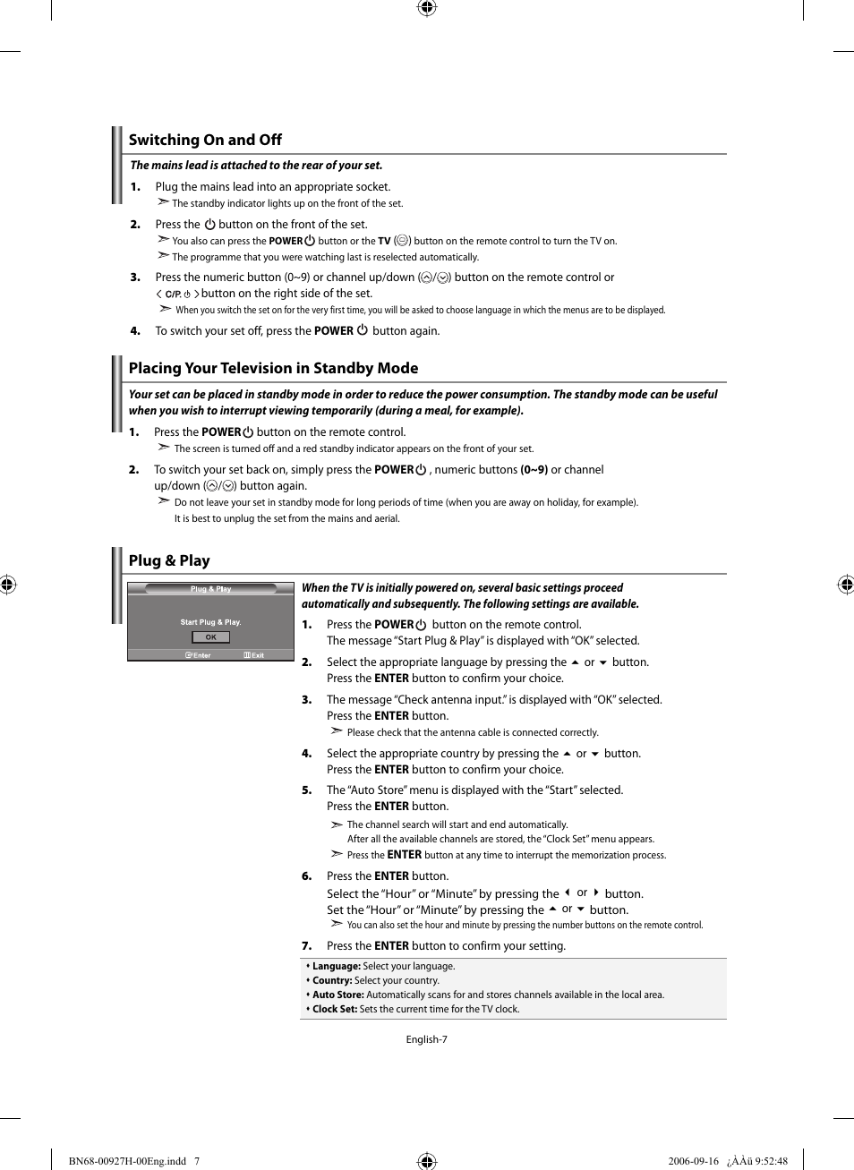 Switching on and off, Placing your television in standby mode, Plug & play | Samsung LE32R32B User Manual | Page 9 / 211