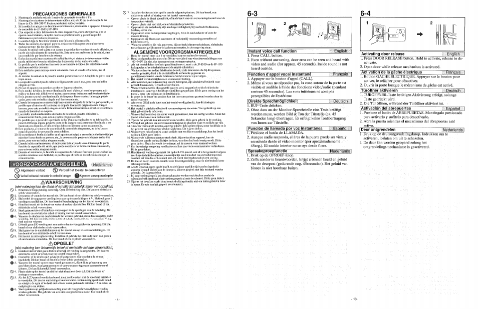 Precauciones generales, Awaarschuwing, Aopgelet | Algemene voorzorgsmaatregelen, Fonction d'appel vocal instantané, Français, Direkte sprechmögiiehkeit, Deutsch, Función de liamada por voz instantánea, Españoí | Aiphone JF-1MD User Manual | Page 4 / 8
