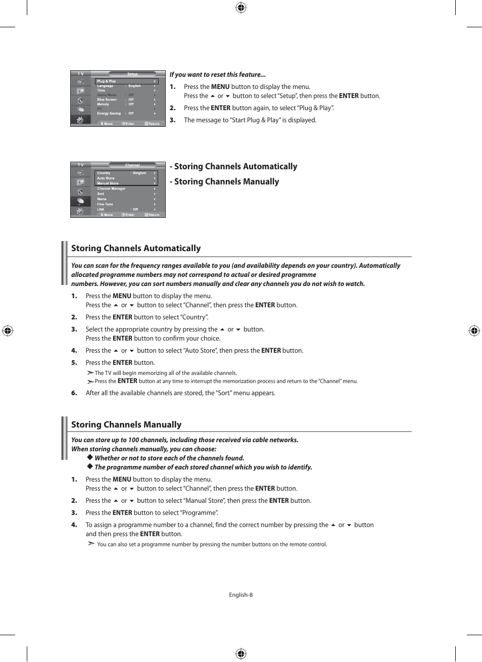 Setting the channels, Storing channels automatically, Storing channels manually | Samsung LE40F71B User Manual | Page 10 / 355