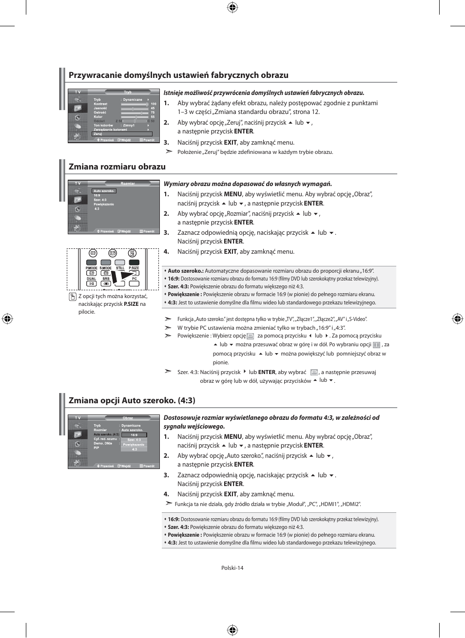 Zmiana opcji auto szeroko. (4:3), Zmiana rozmiaru obrazu | Samsung LE40F71B User Manual | Page 104 / 355