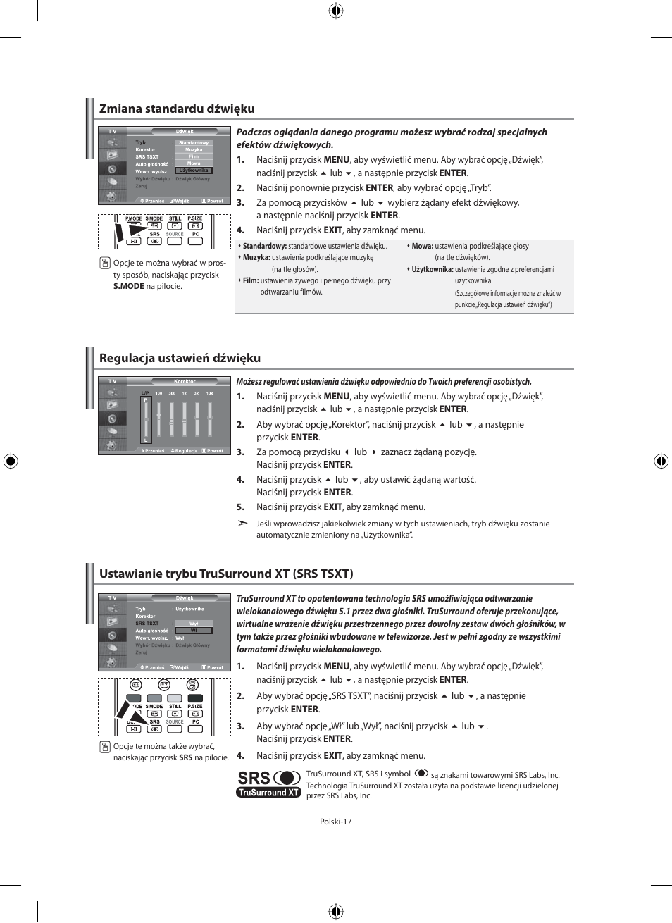 Zmiana standardu dźwięku, Regulacja ustawień dźwięku, Ustawianie trybu trusurround xt (srs tsxt) | Samsung LE40F71B User Manual | Page 107 / 355