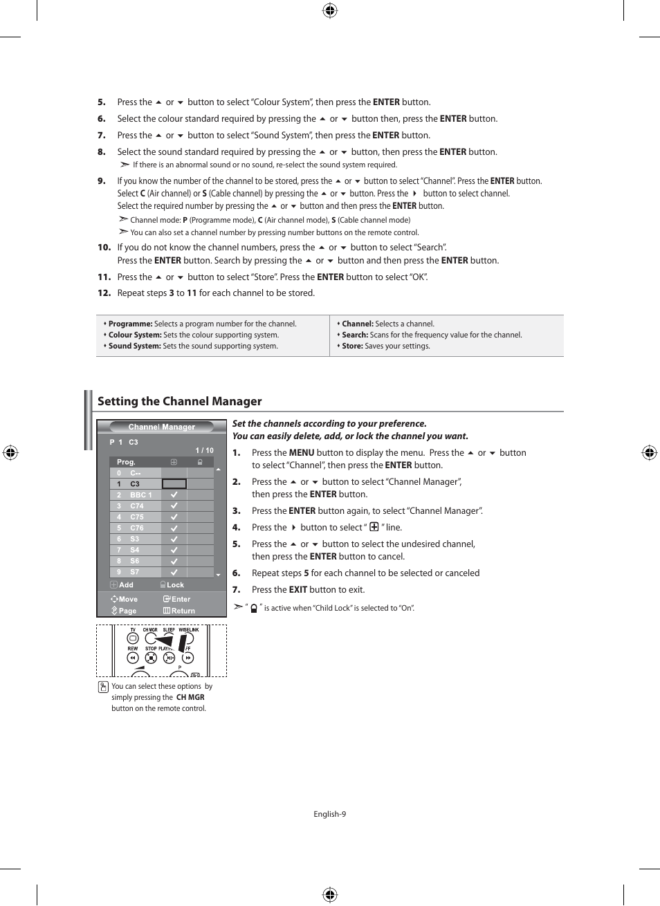 Setting the channel manager, Activating the child lock | Samsung LE40F71B User Manual | Page 11 / 355