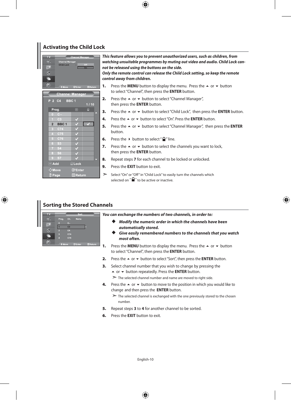 Sorting the stored channels, Activating the child lock | Samsung LE40F71B User Manual | Page 12 / 355