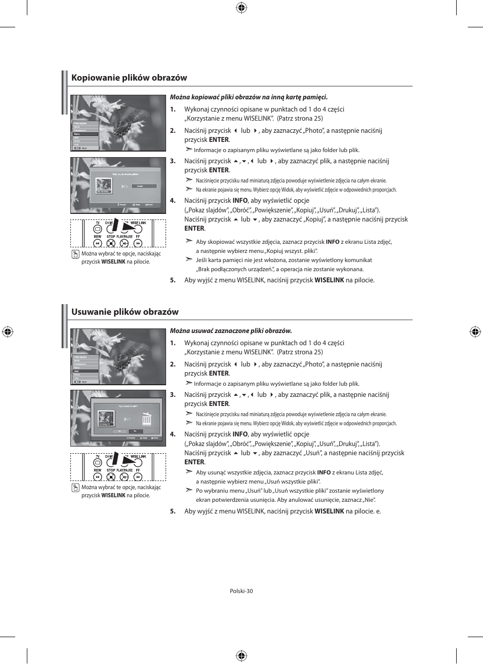 Kopiowanie plików obrazów, Usuwanie plików obrazów | Samsung LE40F71B User Manual | Page 120 / 355