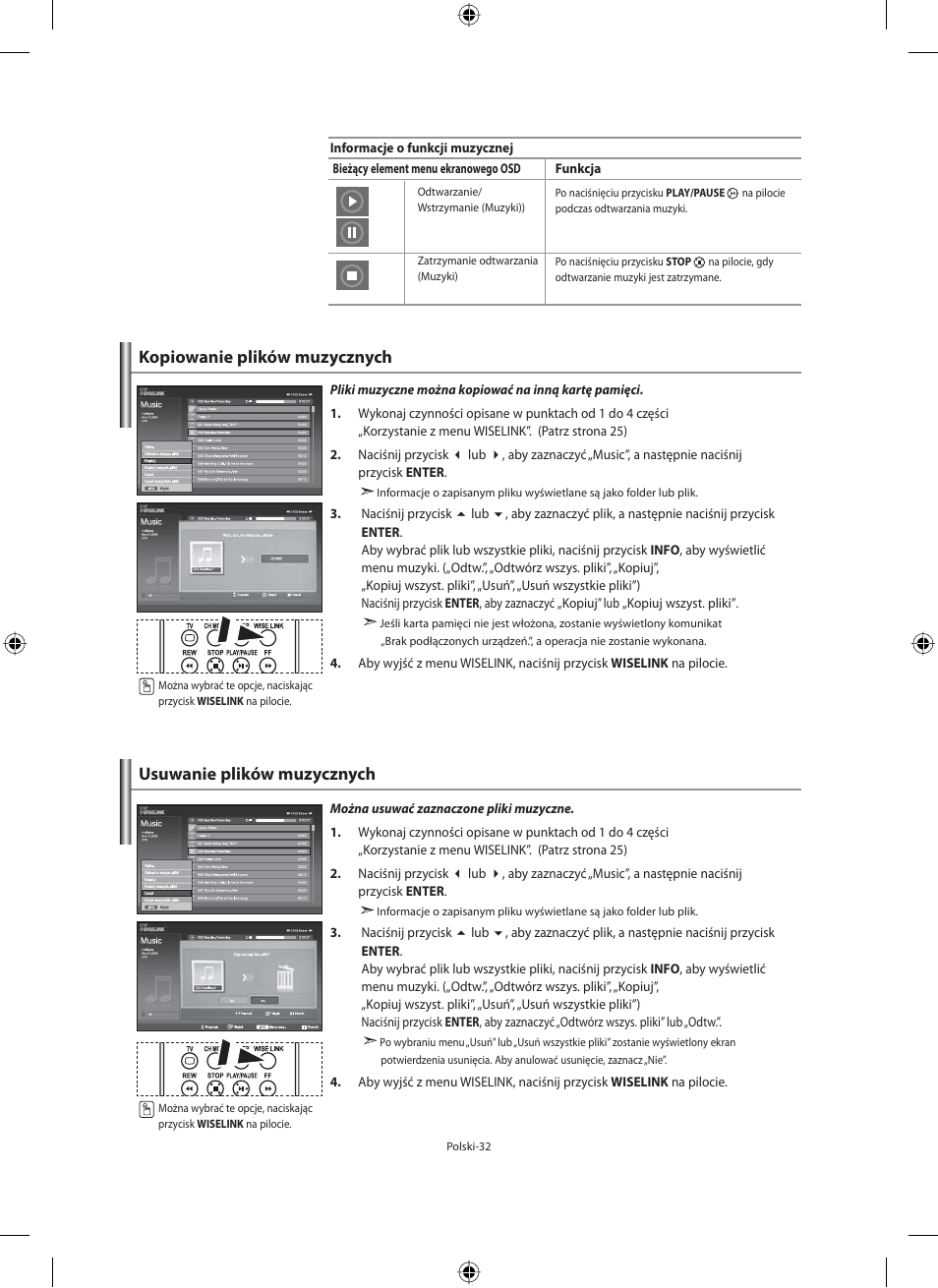 Kopiowanie plików muzycznych, Usuwanie plików muzycznych | Samsung LE40F71B User Manual | Page 122 / 355