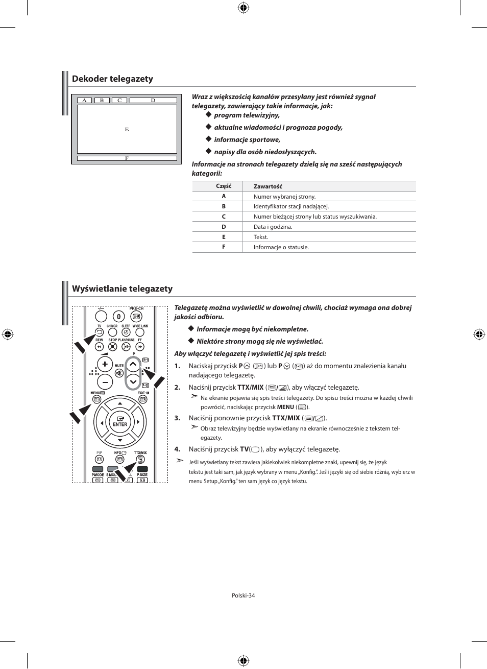 Dekoder telegazety wyświetlanie telegazety | Samsung LE40F71B User Manual | Page 124 / 355