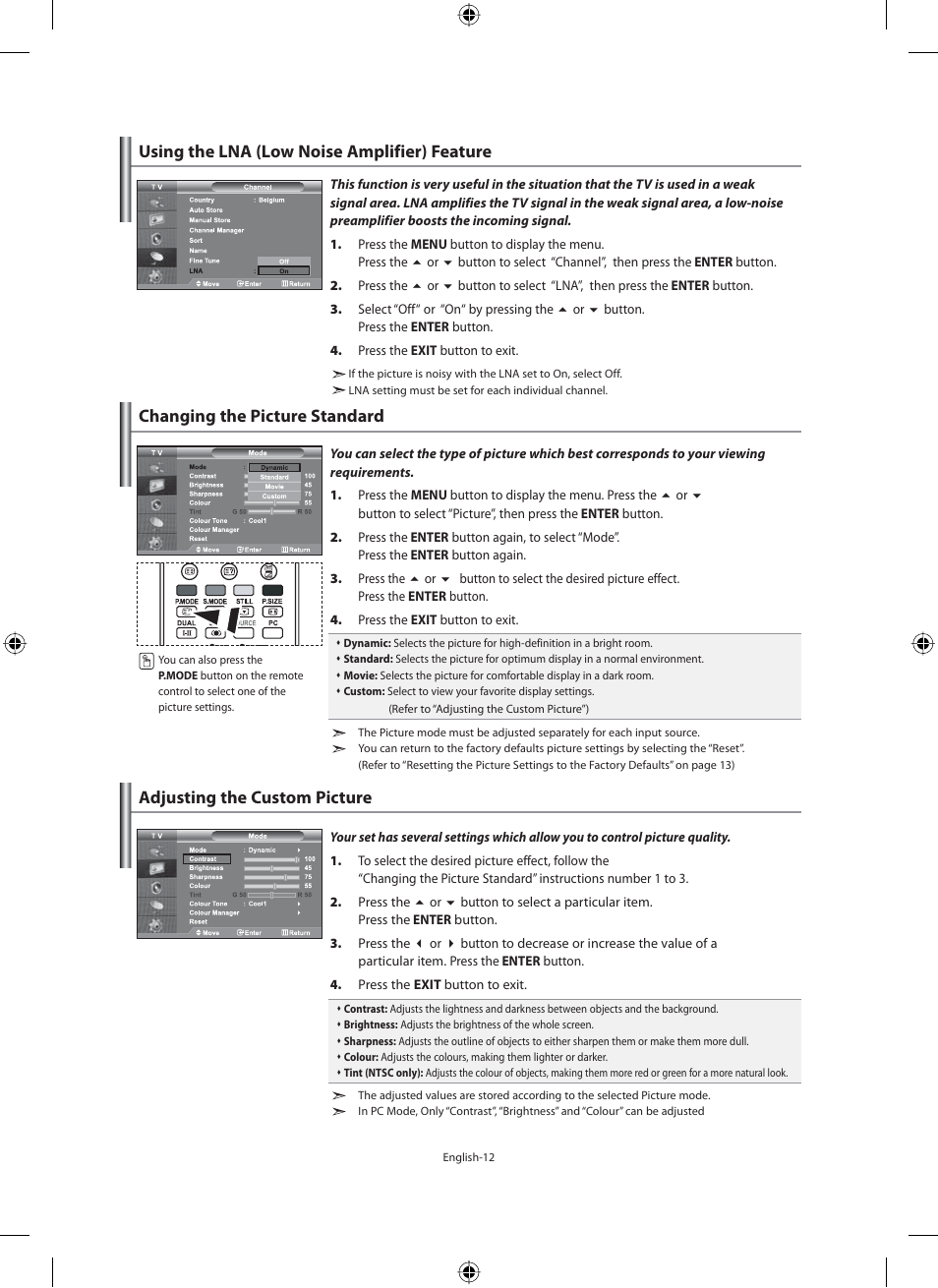 Using the lna (low noise amplifier) feature, Setting the picture, Changing the picture standard | Adjusting the custom picture | Samsung LE40F71B User Manual | Page 14 / 355