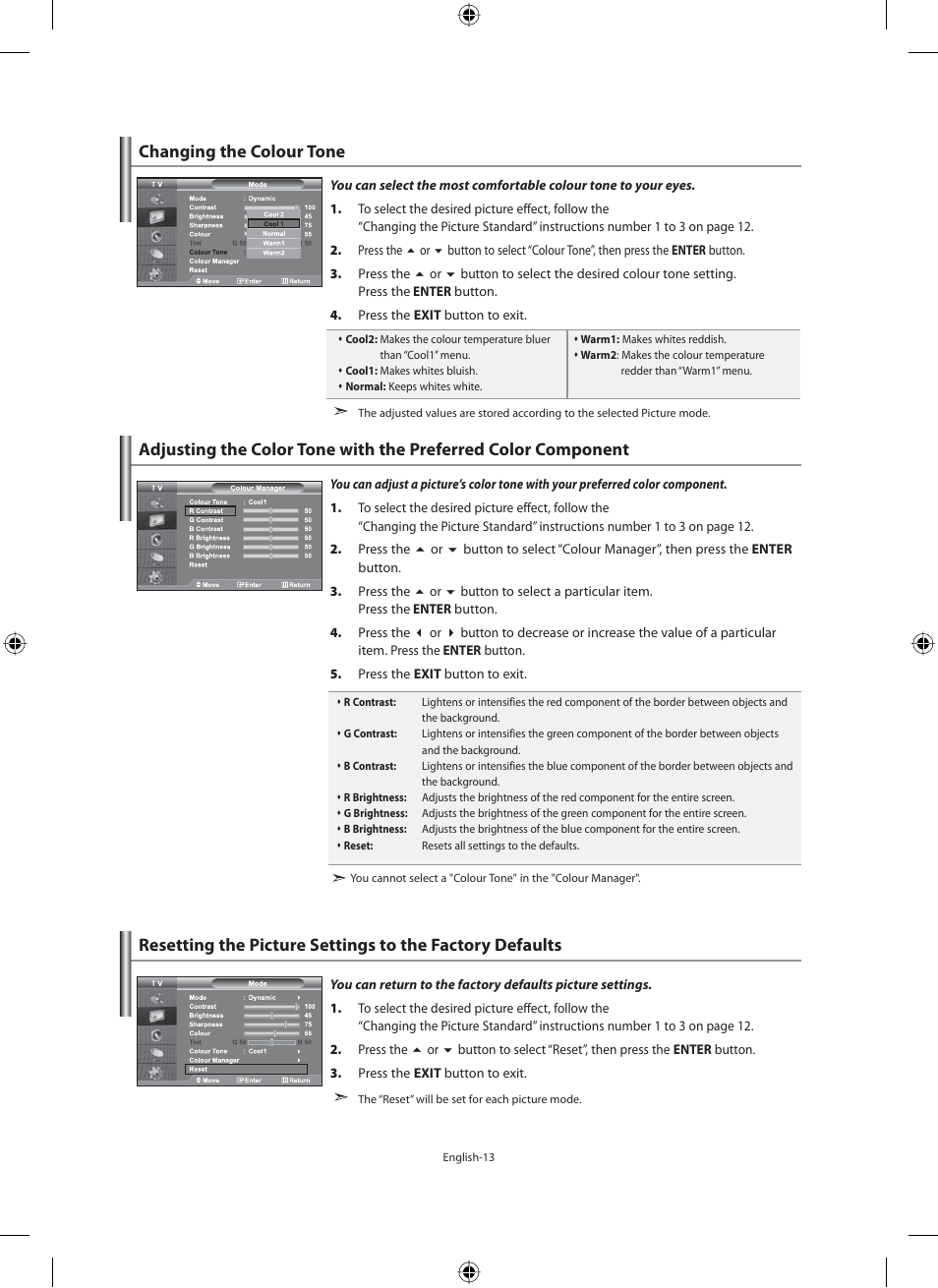 Changing the colour tone | Samsung LE40F71B User Manual | Page 15 / 355