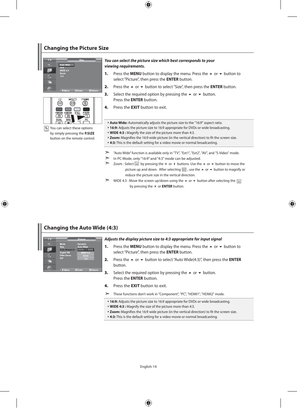 Changing the picture size, Changing the auto wide (4:3) | Samsung LE40F71B User Manual | Page 16 / 355