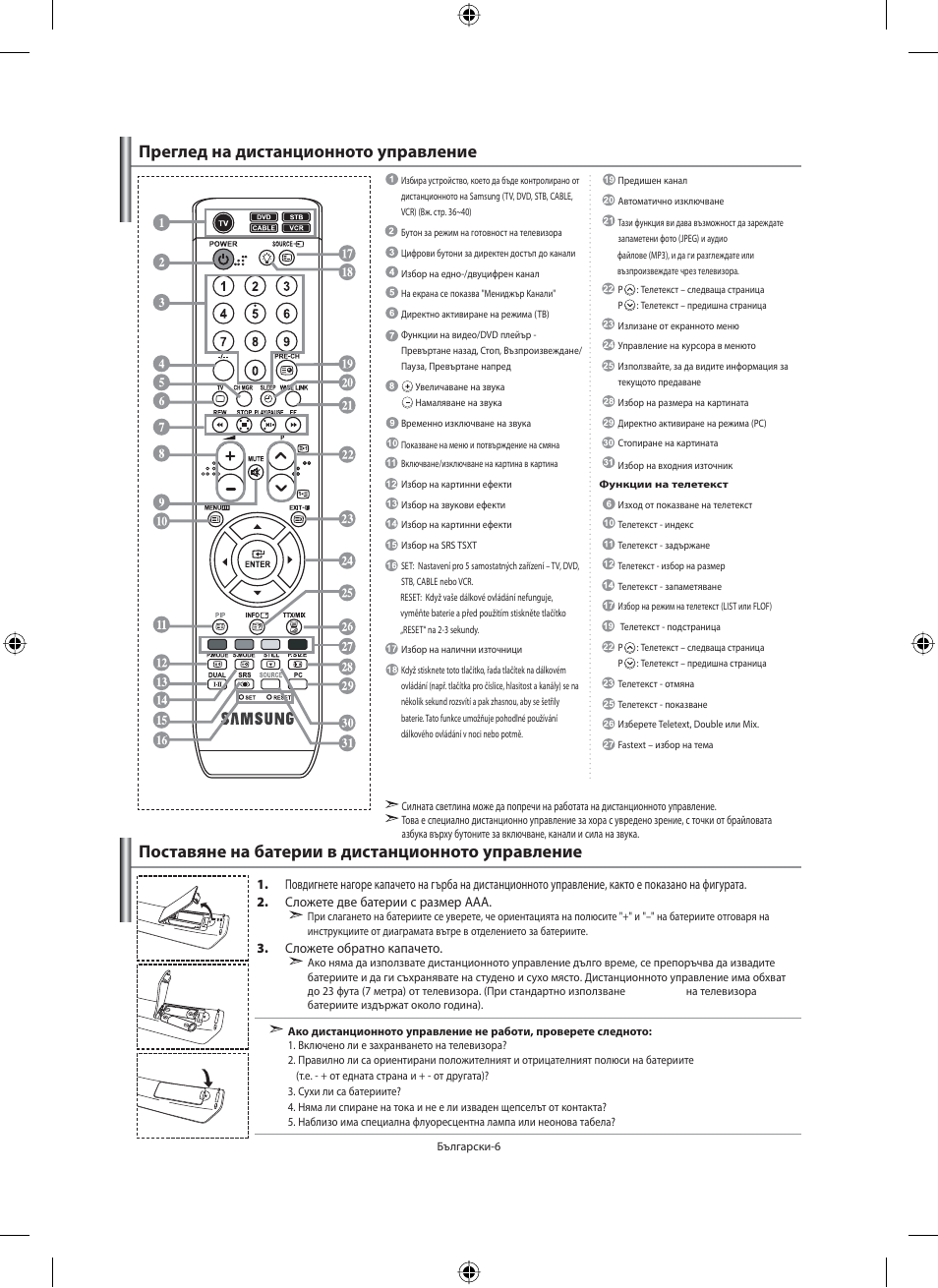 Поставяне на батерии в дистанционното управление, Преглед на дистанционното управление | Samsung LE40F71B User Manual | Page 184 / 355