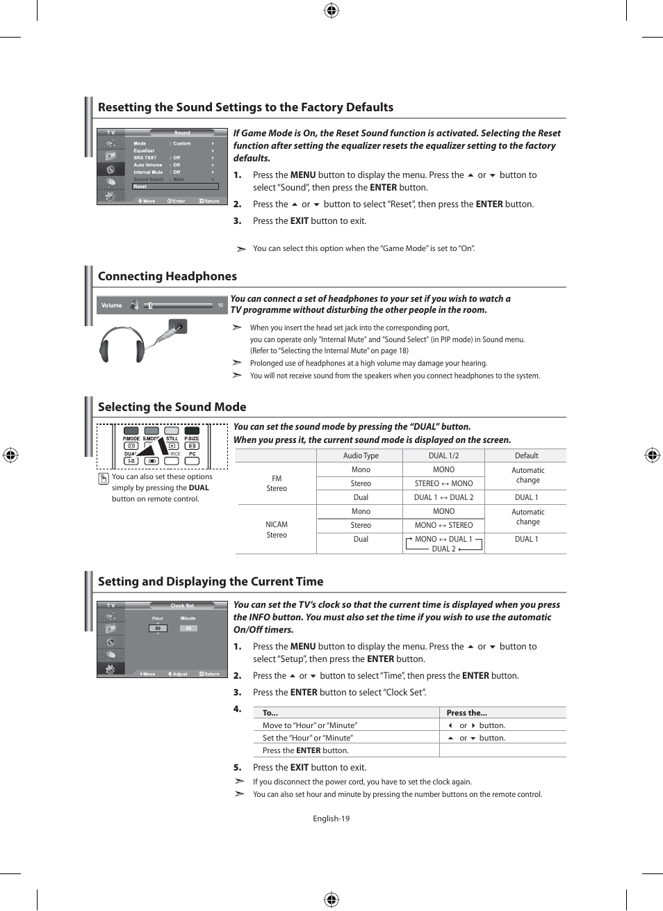 Connecting headphones, Selecting the sound mode, Setting the time | Setting and displaying the current time, Setting the sleep timer | Samsung LE40F71B User Manual | Page 21 / 355