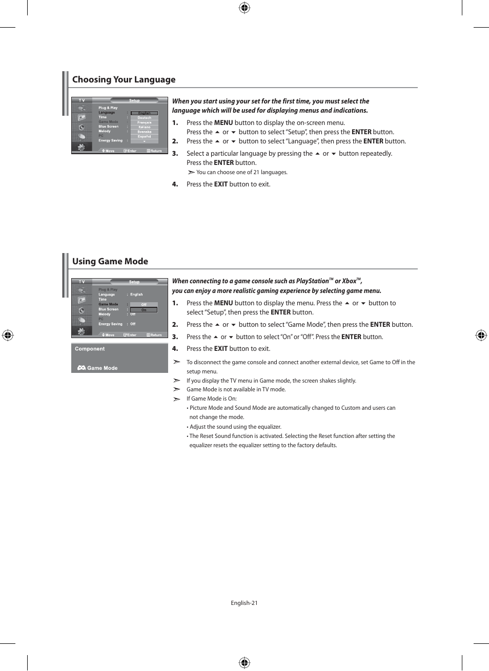 Setting the others, Choosing your language, Using game mode | Using game mode choosing your language | Samsung LE40F71B User Manual | Page 23 / 355