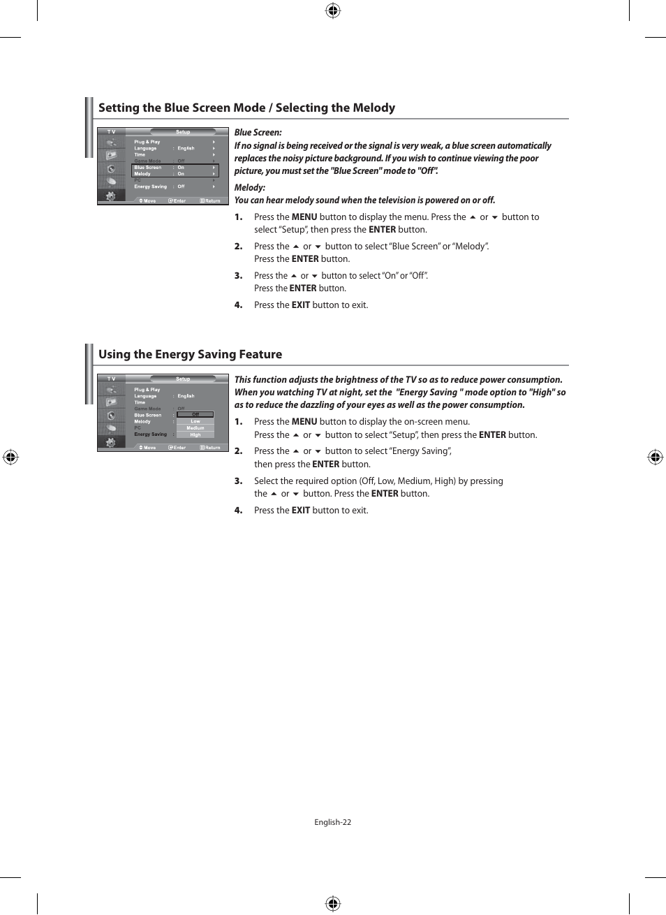 Using the energy saving feature | Samsung LE40F71B User Manual | Page 24 / 355