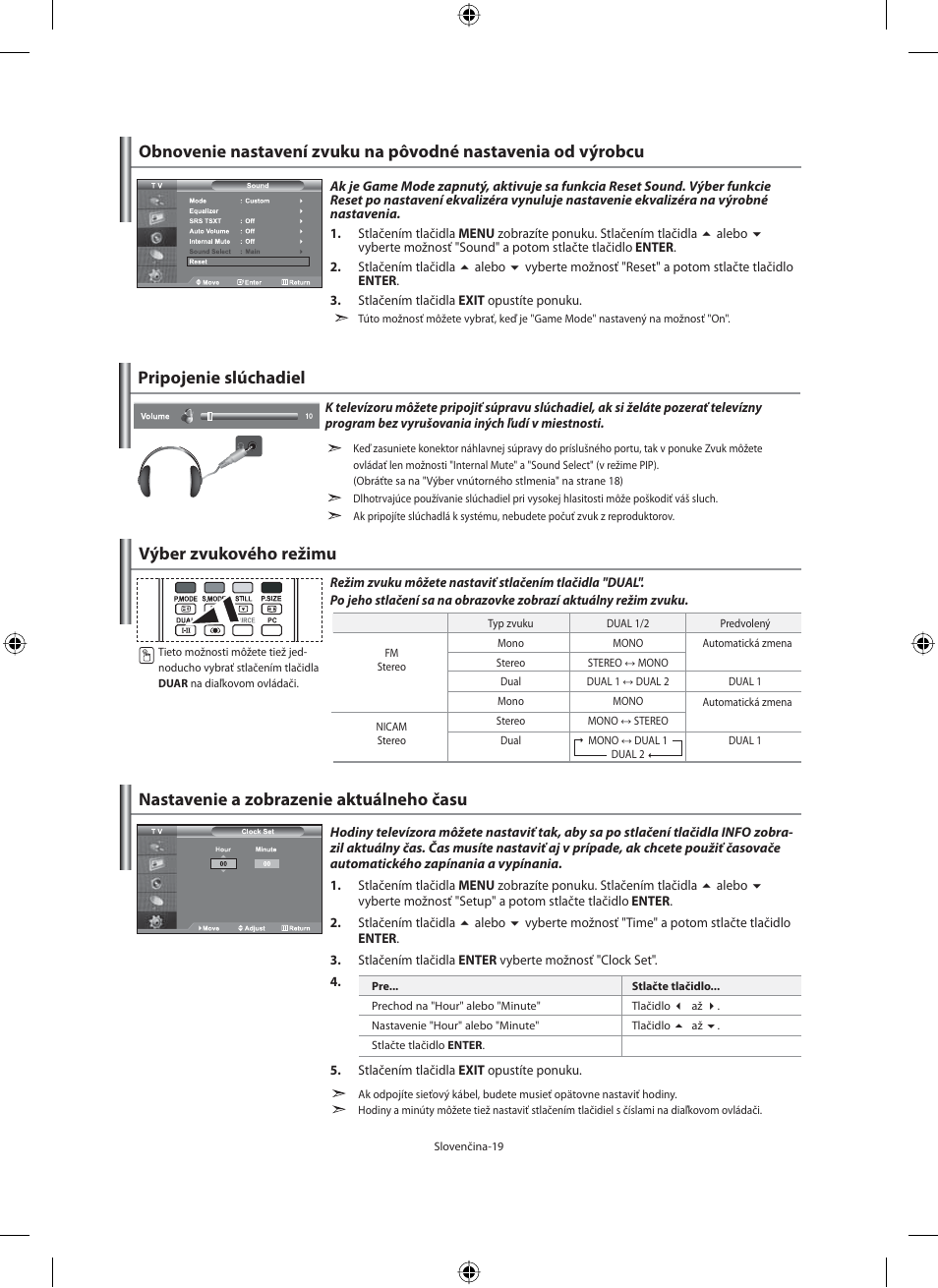 Pripojenie slúchadiel, Výber zvukového režimu | Samsung LE40F71B User Manual | Page 241 / 355