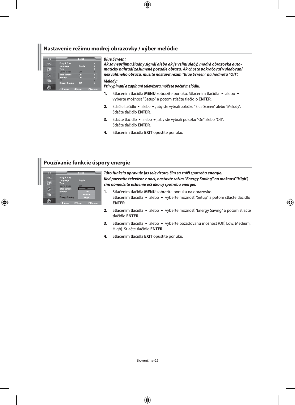 Nastavenie režimu modrej obrazovky / výber melódie, Používanie funkcie úspory energie | Samsung LE40F71B User Manual | Page 244 / 355