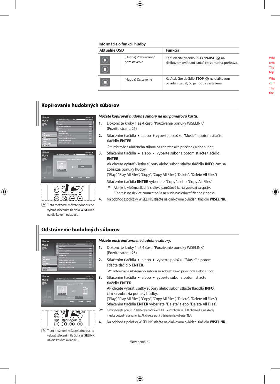 Kopírovanie hudobných súborov, Odstránenie hudobných súborov | Samsung LE40F71B User Manual | Page 254 / 355