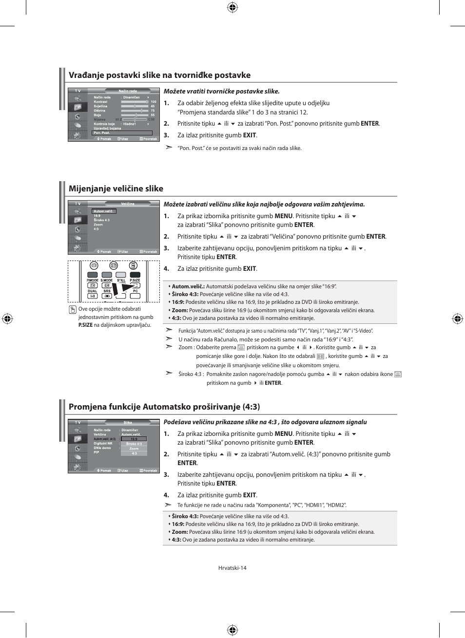 Mijenjanje veličine slike, Vrađanje postavki slike na tvorniđke postavke, Promjena funkcije automatsko proširivanje (4:3) | Samsung LE40F71B User Manual | Page 280 / 355