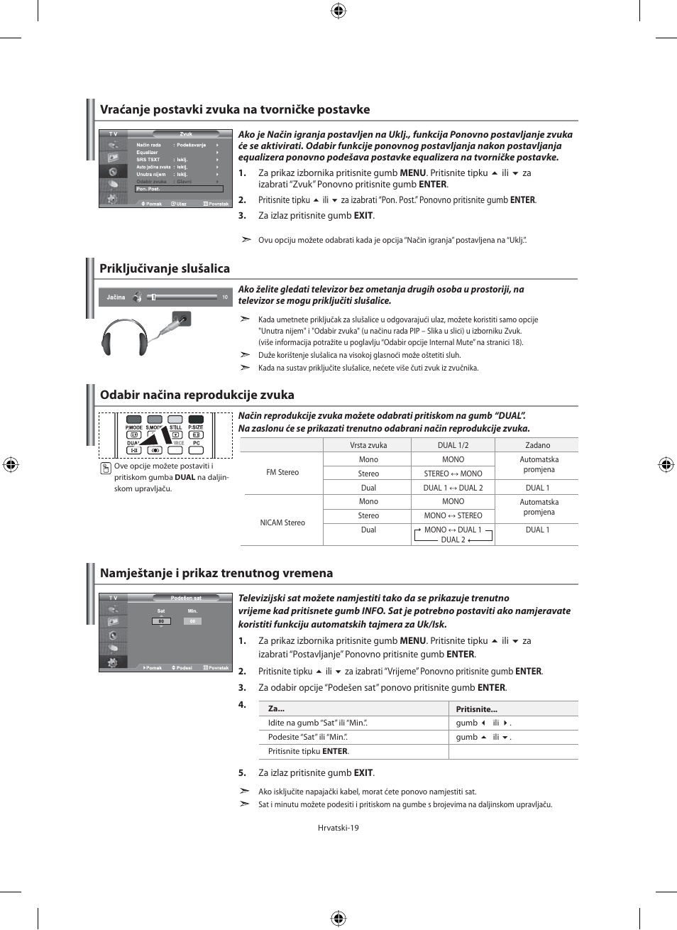 Priključivanje slušalica, Odabir načina reprodukcije zvuka | Samsung LE40F71B User Manual | Page 285 / 355