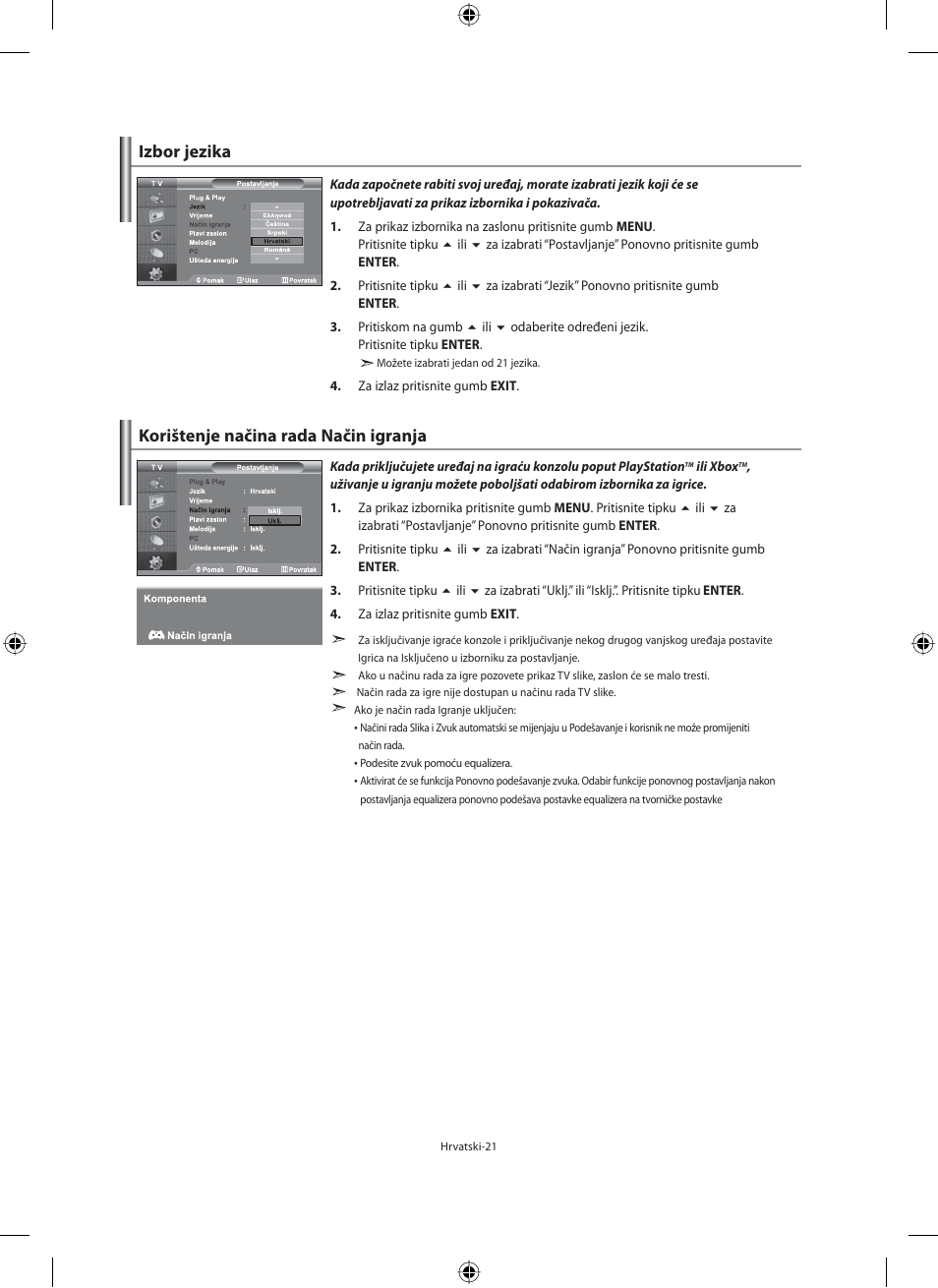 Izbor jezika, Korištenje načina rada način igranja | Samsung LE40F71B User Manual | Page 287 / 355