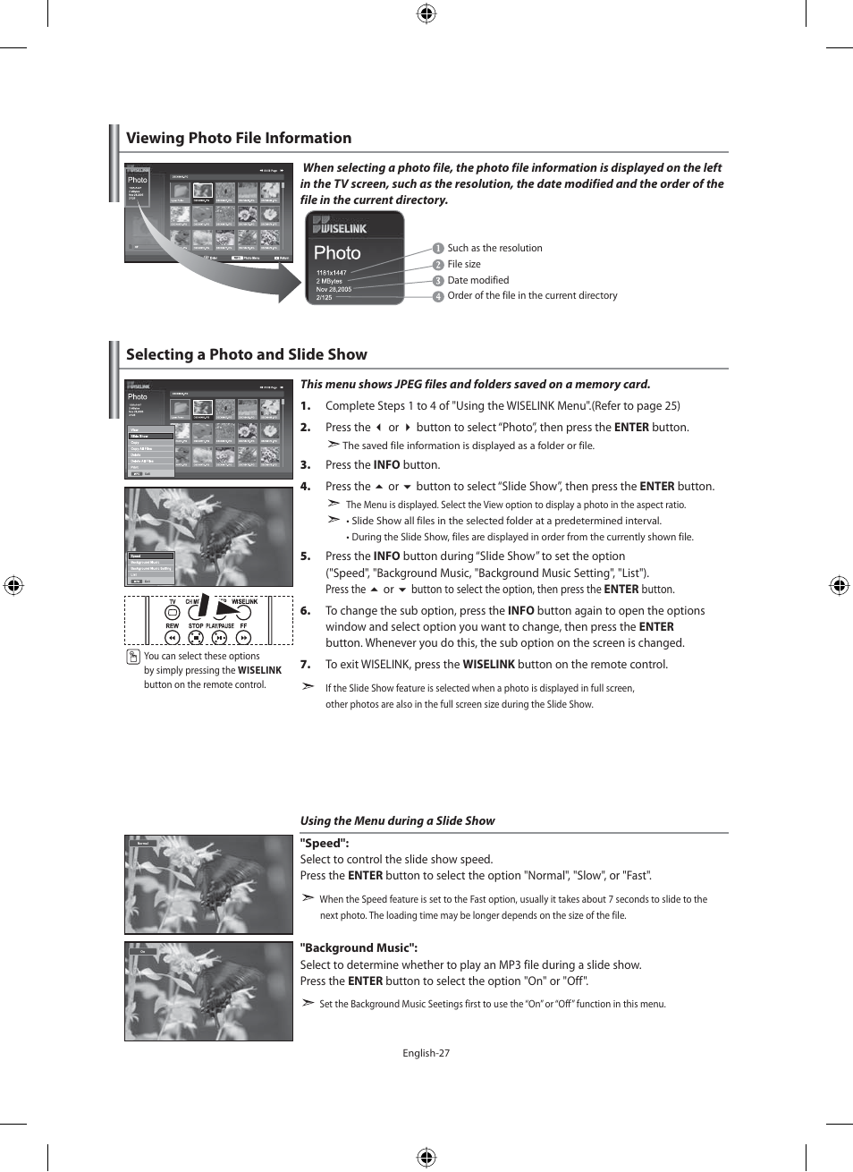 Viewing photo file information, Selecting a photo and slide show | Samsung LE40F71B User Manual | Page 29 / 355