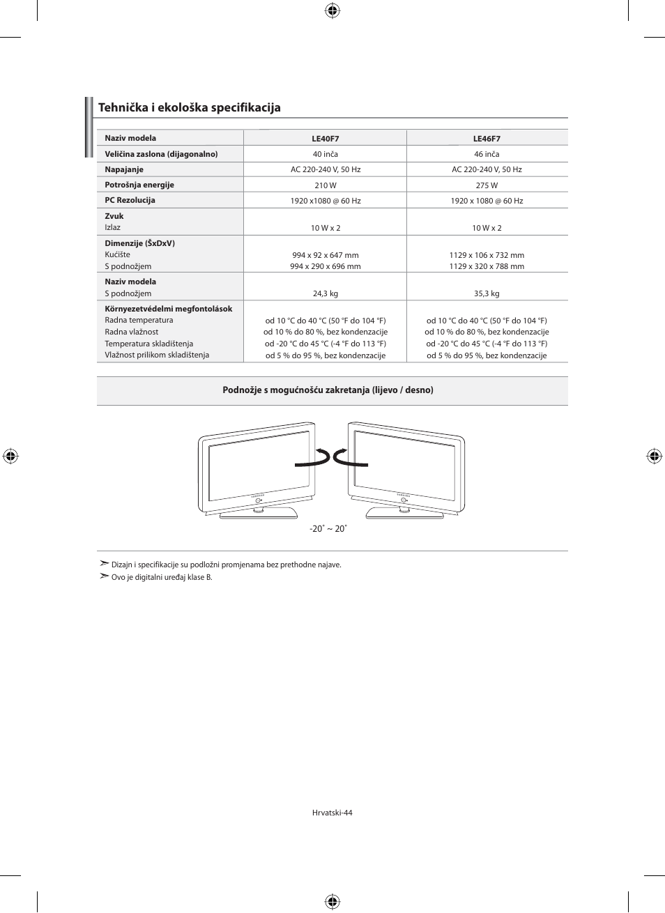 Tehnička i ekološka specifikacija | Samsung LE40F71B User Manual | Page 310 / 355