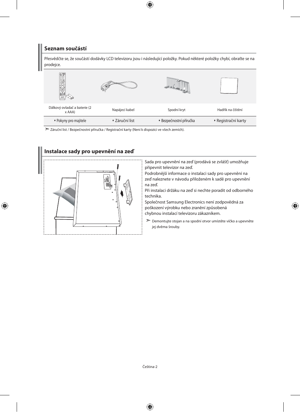 Seznam součástí instalace sady pro upevnění na zeď | Samsung LE40F71B User Manual | Page 312 / 355