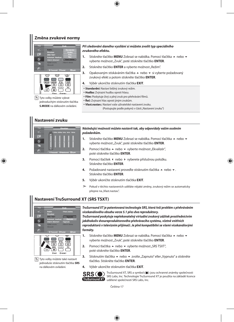 Změna zvukové normy, Nastavení zvuku, Nastavení trusurround xt (srs tsxt) | Samsung LE40F71B User Manual | Page 327 / 355