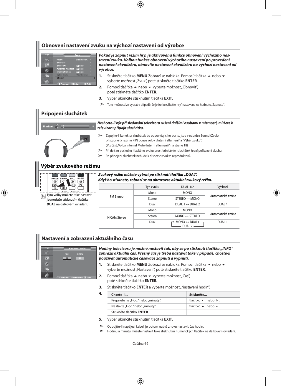 Nastavení a zobrazení aktuálního času, Připojení sluchátek, Výběr zvukového režimu | Samsung LE40F71B User Manual | Page 329 / 355