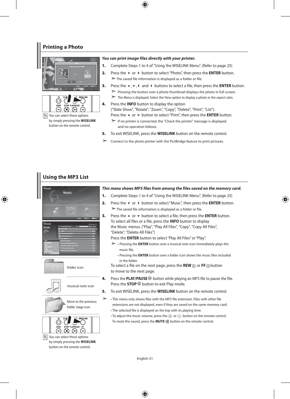 Printing a photo, Using the mp3 list | Samsung LE40F71B User Manual | Page 33 / 355