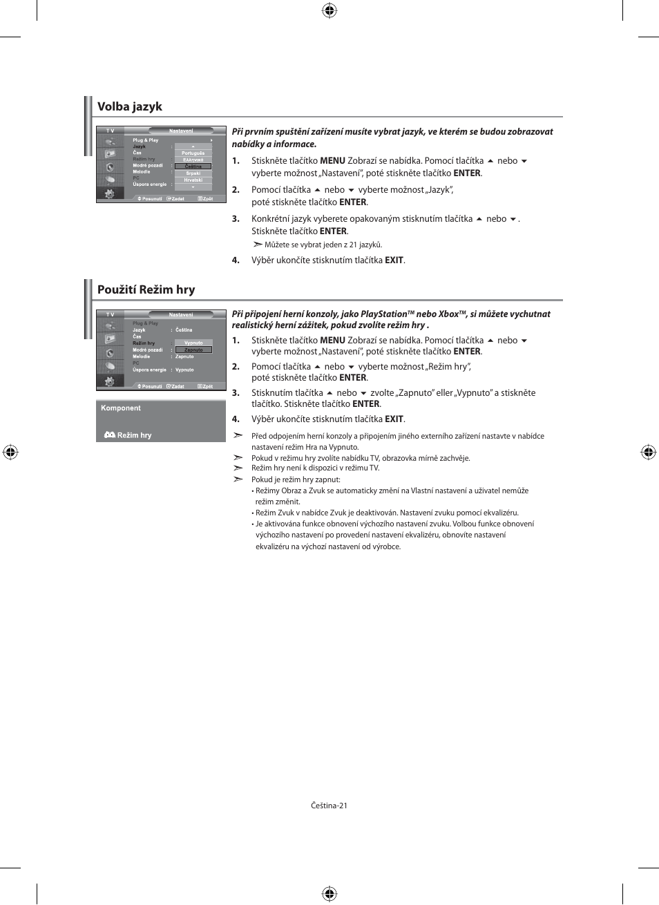 Volba jazyk použití režim hry | Samsung LE40F71B User Manual | Page 331 / 355