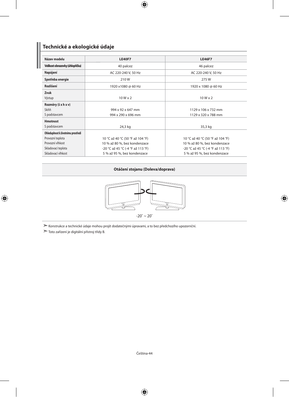 Technické a ekologické údaje | Samsung LE40F71B User Manual | Page 354 / 355