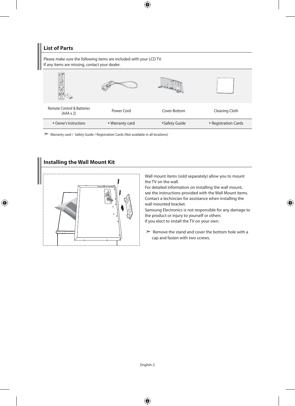 Connecting and preparing your tv, List of parts, Installing the wall mount kit | Samsung LE40F71B User Manual | Page 4 / 355