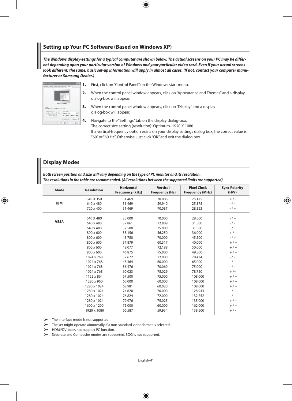 Setting the pc, Setting up your pc software (based on windows xp), Display modes | Samsung LE40F71B User Manual | Page 43 / 355