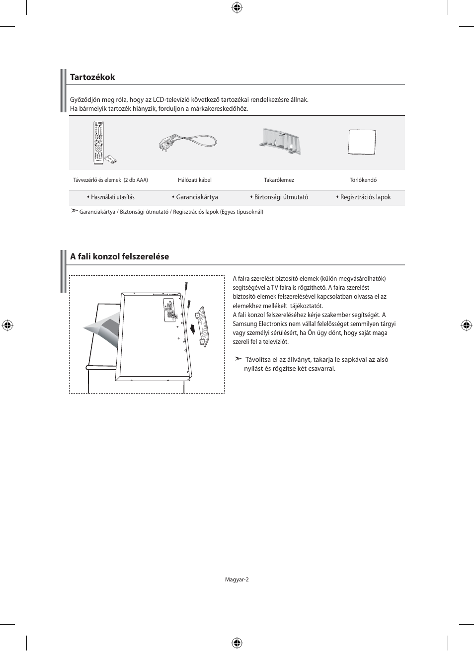 Tartozékok, A fali konzol felszerelése | Samsung LE40F71B User Manual | Page 48 / 355