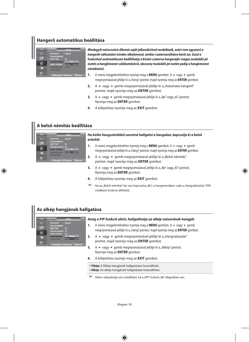 Hangerő automatikus beállítása, A belső némítás beállítása, Az alkép hangjának hallgatása | Samsung LE40F71B User Manual | Page 64 / 355